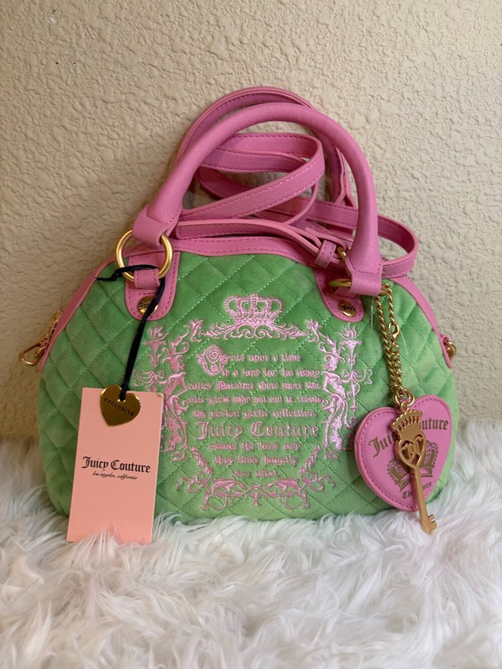 Juicy Couture Pink Green Quilted Crossbody Satchel Large NWT